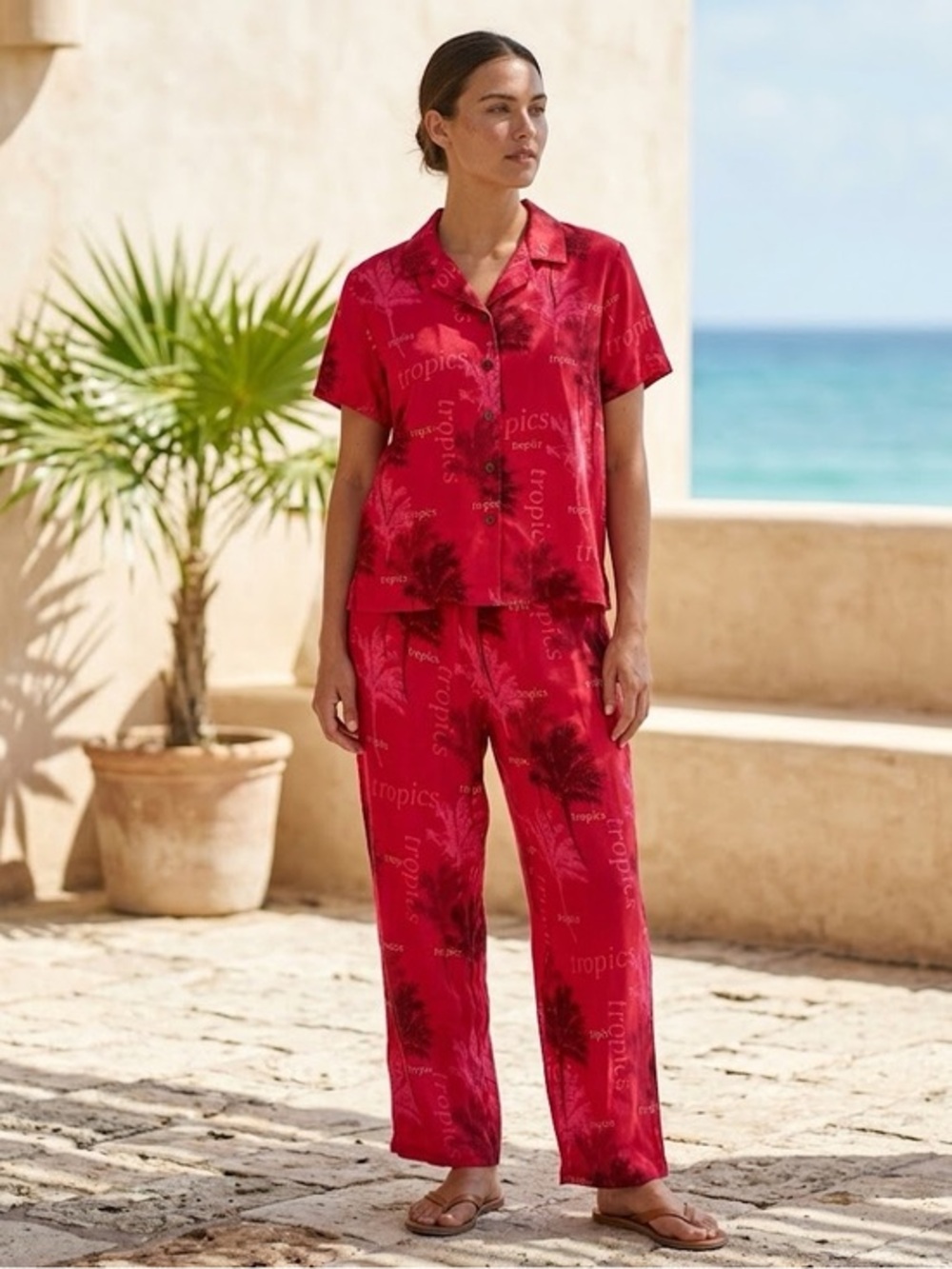 Vintage 90's Island Traders women's two piece pink palm tree tropics set large